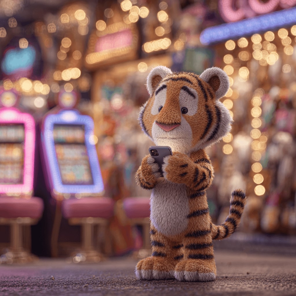 Tiger mascot BDUUU holds his phone and plays casino online through the app