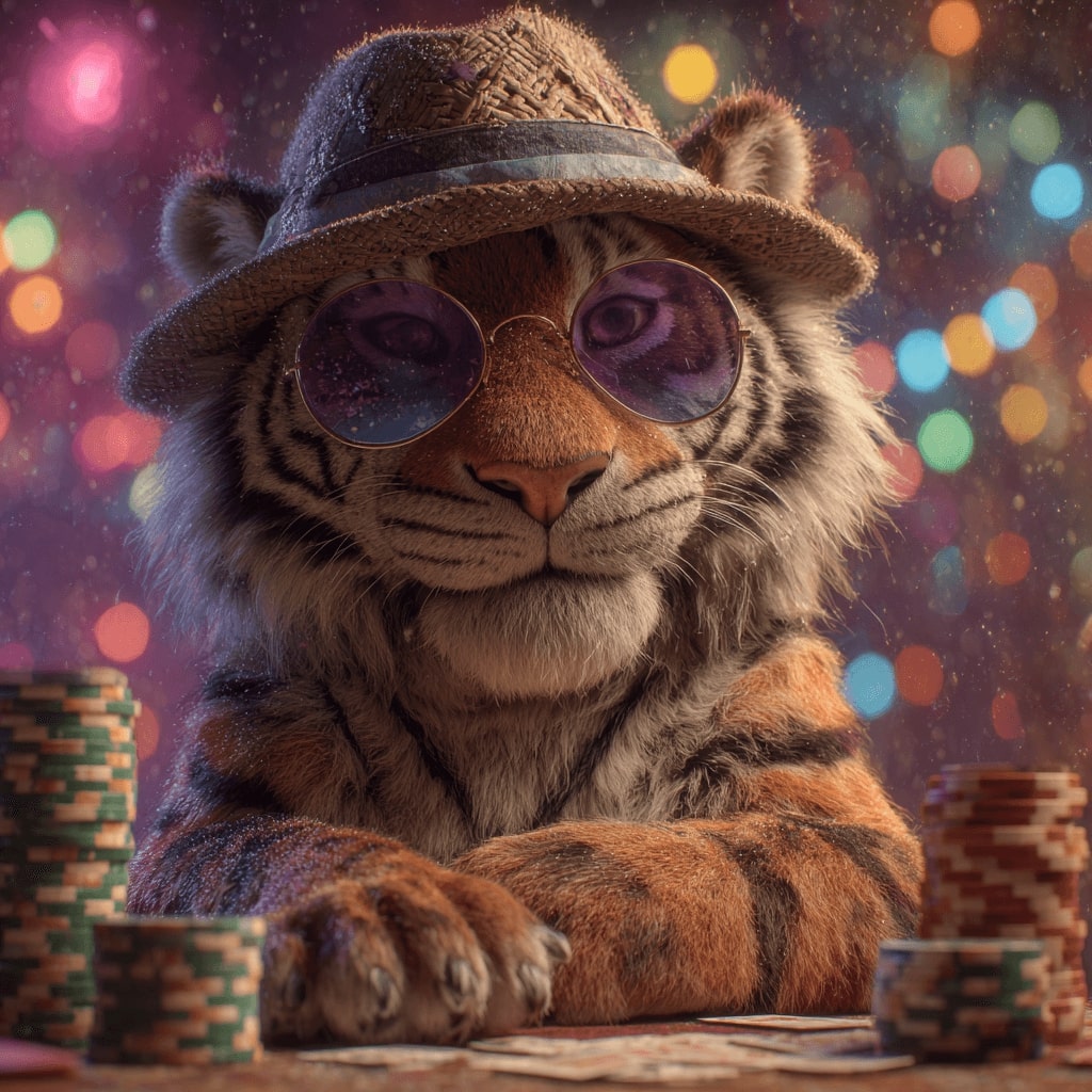BDUUU mascot is a tiger with glasses and a hat playing poker at a table