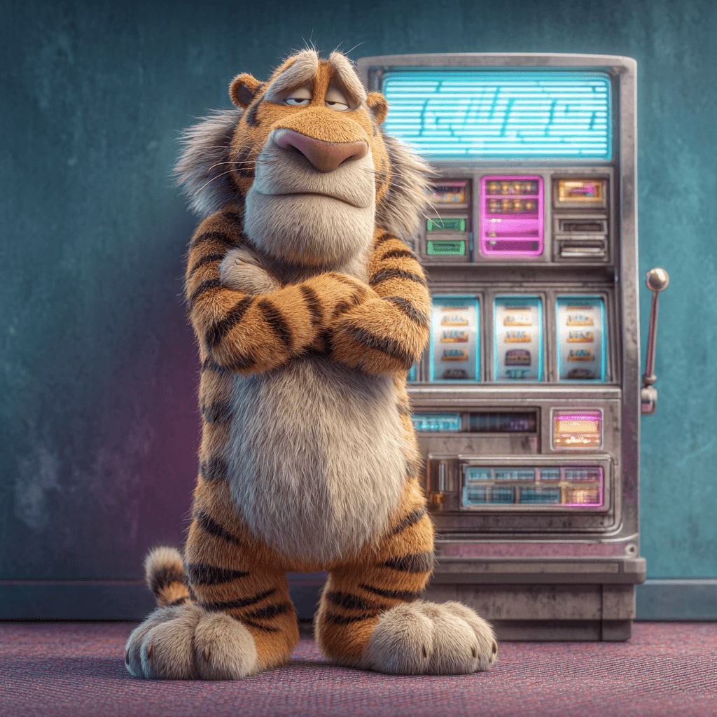 The BDUUU casino mascot is a tiger standing by the slot machine.